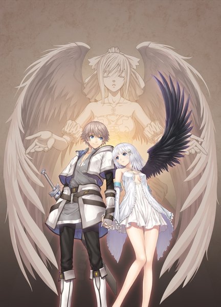 Anime picture 1311x1820 with shining (series) shining ark panis angelicus fried karim tony taka tall image short hair blue eyes light erotic looking away white hair grey hair official art couple holding hands girl dress boy weapon detached sleeves