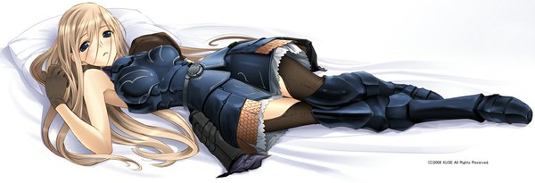 Anime picture 1144x391 with original masya single long hair blush blue eyes blonde hair wide image lying girl thighhighs dress black thighhighs boots armor