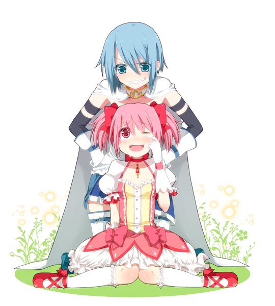 Anime picture 1500x1667 with mahou shoujo madoka magica shaft (studio) kaname madoka miki sayaka hattori (junoct2000) tall image blush short hair open mouth blue eyes simple background smile white background twintails multiple girls blue hair pink hair one eye closed pink eyes wink