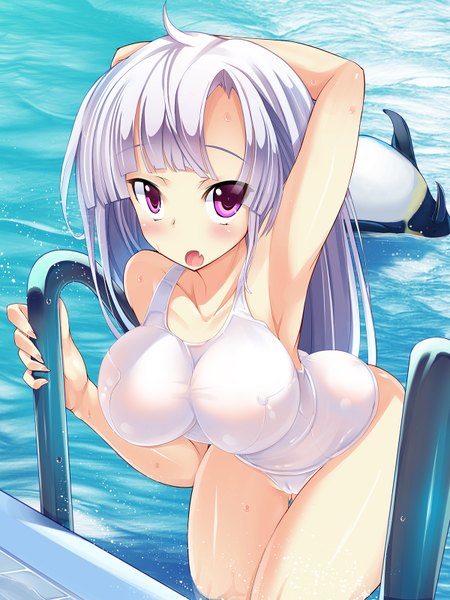 Anime picture 1200x1600 with original torisan single long hair tall image blush breasts open mouth light erotic large breasts purple eyes white hair teeth fang (fangs) girl swimsuit
