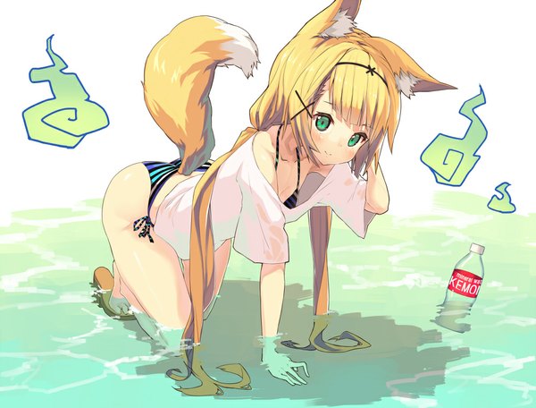Anime picture 1000x761 with original yoo (tabi no shiori) single long hair looking at viewer blush fringe light erotic blonde hair smile standing twintails bare shoulders green eyes animal ears tail animal tail bare legs shadow fox ears
