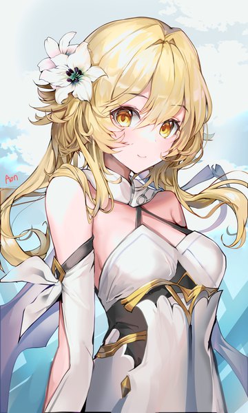Anime picture 3000x5000 with genshin impact lumine (genshin impact) a (sofi3103) single long hair tall image looking at viewer fringe highres blonde hair hair between eyes signed yellow eyes upper body hair flower girl flower (flowers) lily (flower)