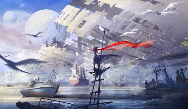 Anime picture 1280x743 with original ost02 single long hair wide image sky silver hair cloud (clouds) back scenic weightlessness girl dress animal scarf sea bird (birds) planet watercraft boat