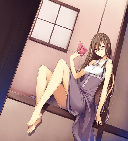 Anime picture 1000x1100 with original kikuchi seiji single long hair tall image looking at viewer red eyes brown hair bare shoulders barefoot bare legs girl dress glasses book (books)