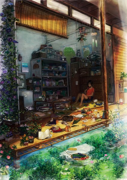 Anime picture 1500x2121 with original neyagi tall image highres short hair brown hair brown eyes barefoot detailed flower (flowers) ribbon (ribbons) plant (plants) water food sweets book (books) cat bag fish (fishes) ice cream