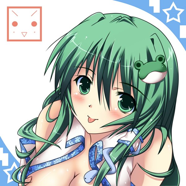 Anime picture 1100x1100 with touhou kochiya sanae ngirln4 (artist) single long hair blush green eyes green hair :p girl tongue star (symbol) hair tubes snake frog