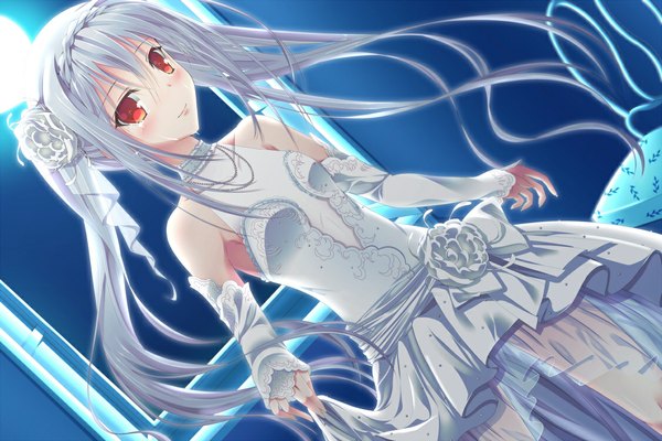 Anime picture 1125x750 with akane miu single long hair blush red eyes twintails white hair hair flower tears girl dress hair ornament detached sleeves window moon