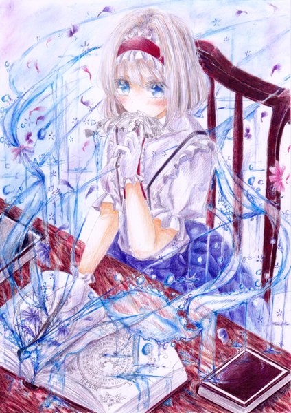 Anime picture 706x1000 with touhou alice margatroid darkkanan single tall image blush fringe short hair blue eyes blonde hair sitting from above magic eating traditional media colored pencil (medium) girl gloves flower (flowers) petals