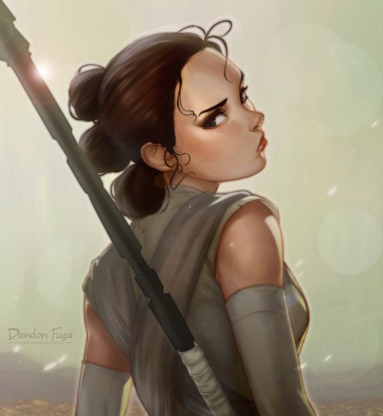 Anime picture 800x869 with star wars star wars: the force awakens rey (star wars) dandon fuga single tall image looking at viewer short hair blue eyes brown hair upper body looking back lips realistic girl weapon