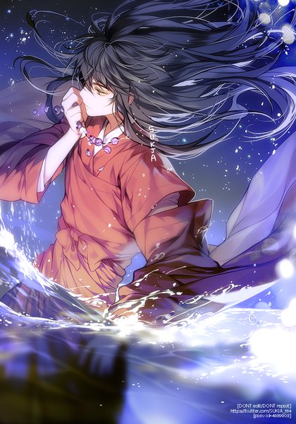 Anime picture 700x1000 with inuyasha inuyasha (character) inuyasha (human form) sorolp single long hair tall image black hair standing holding brown eyes signed looking away traditional clothes japanese clothes profile wide sleeves partially submerged floating hair lens flare
