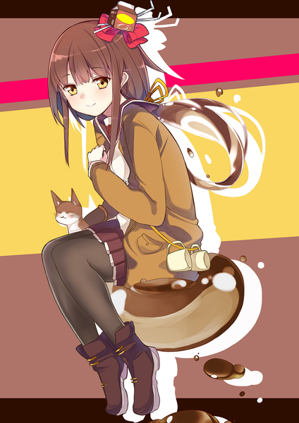 Anime picture 800x1131 with original yukijirushi yukiko-tan haruyuki (yukichasoba) long hair tall image looking at viewer smile brown hair sitting brown eyes girl dress hat animal pantyhose boots cat