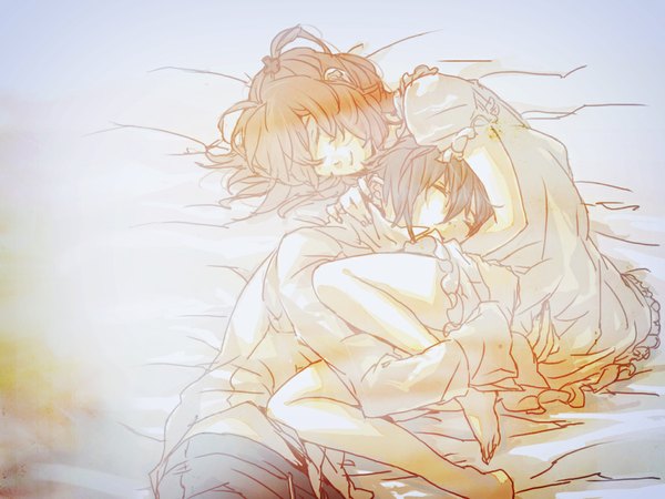 Anime picture 1024x768 with shugo chara! hinamori amu tsukiyomi ikuto short hair simple background eyes closed couple hug sleeping shirt bed chemise