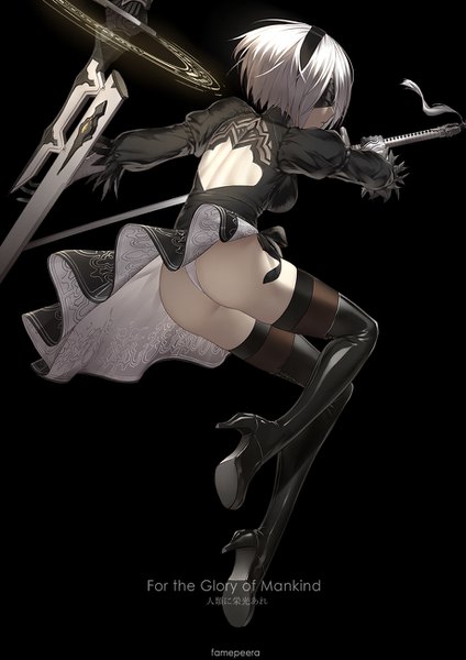 Anime picture 919x1300 with nier nier:automata yorha no. 2 type b fame peera single tall image short hair light erotic simple background holding signed full body bent knee (knees) ass white hair profile inscription high heels puffy sleeves text