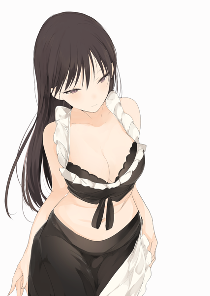 Anime picture 700x984 with original lpip single long hair tall image fringe breasts light erotic black hair simple background hair between eyes white background looking away cleavage head tilt from above midriff grey eyes hand on hip tsurime