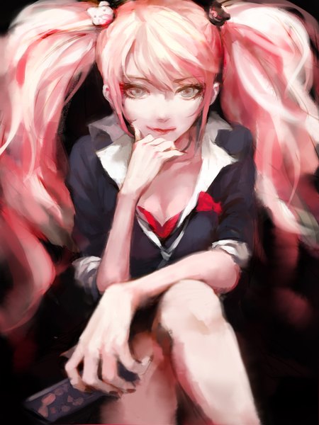 Anime picture 1050x1400 with dangan ronpa enoshima junko w3 (artist) single long hair tall image looking at viewer blue eyes smile red eyes sitting twintails holding pink hair nail polish crossed legs twisty sleeves girl hair ornament animal