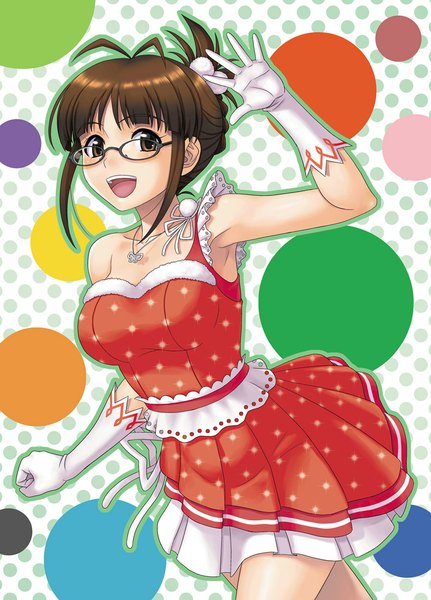 Anime picture 791x1100 with idolmaster akizuki ritsuko hida tatsuo single tall image looking at viewer blush short hair open mouth brown hair brown eyes polka dot polka dot background girl dress gloves glasses