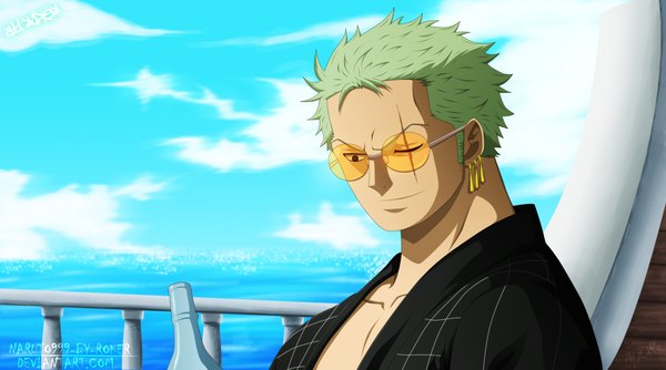 Anime picture 2000x1115 with one piece toei animation roronoa zoro naruto999-by-roker single highres short hair smile wide image sky cloud (clouds) japanese clothes one eye closed green hair wink black eyes coloring scar boy earrings