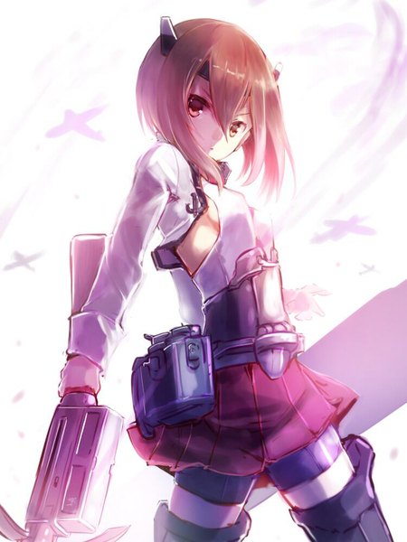 Anime picture 750x1000 with kantai collection taihou armored aircraft carrier sumisu (mondo) single tall image looking at viewer short hair brown hair white background brown eyes girl weapon
