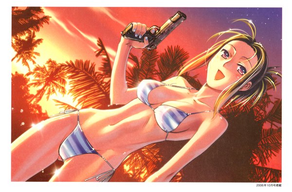 Anime picture 3203x2111 with hiroe rei highres short hair breasts open mouth light erotic red eyes absurdres scan lens flare evening sunset girl navel weapon swimsuit plant (plants) bikini tree (trees) gun