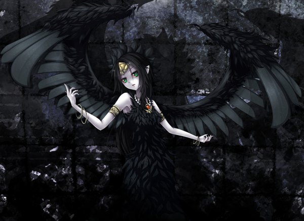 Anime picture 3457x2519 with yu-gi-oh! fabled grimro shintani tsushiya single long hair highres open mouth black hair bare shoulders green eyes absurdres pointy ears dark background black wings girl dress wings bracelet black dress feather (feathers)