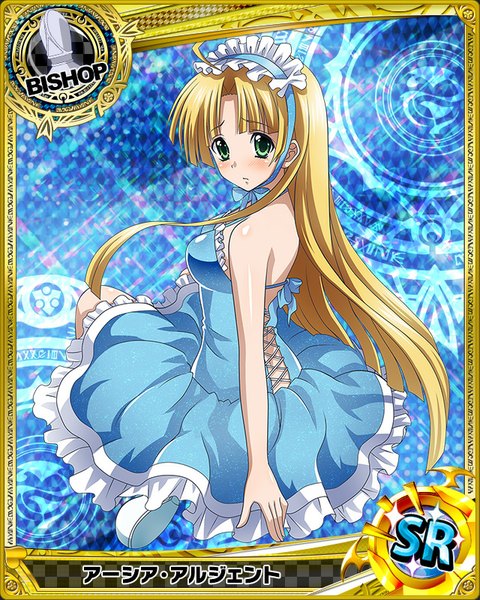 Anime picture 640x800 with highschool dxd asia argento single long hair tall image looking at viewer blush blonde hair green eyes looking back card (medium) girl dress headdress