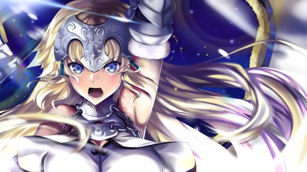Anime picture 1600x900 with fate (series) fate/apocrypha jeanne d'arc (fate) (all) jeanne d'arc (fate) ep (emio parn) single long hair looking at viewer fringe breasts open mouth blue eyes blonde hair hair between eyes wide image large breasts bare shoulders upper body arm up wind