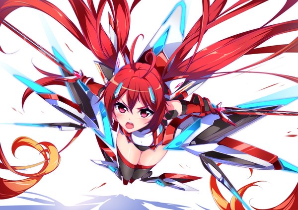 Anime picture 1605x1133 with ore twintail ni narimasu production ims tail red mitsuka souji minamon (vittel221) single looking at viewer blush fringe open mouth red eyes white background twintails holding ahoge bent knee (knees) red hair very long hair wind shadow