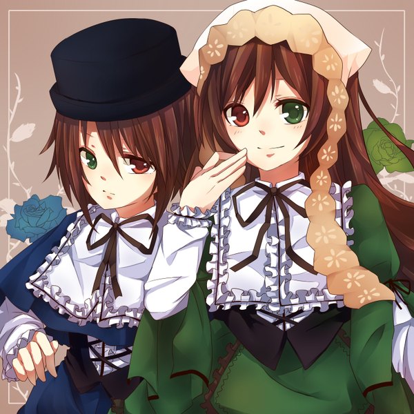 Anime picture 1500x1500 with rozen maiden suiseiseki souseiseki mikan bocchi long hair looking at viewer blush fringe short hair red eyes brown hair multiple girls green eyes light smile heterochromia girl dress flower (flowers) 2 girls hat