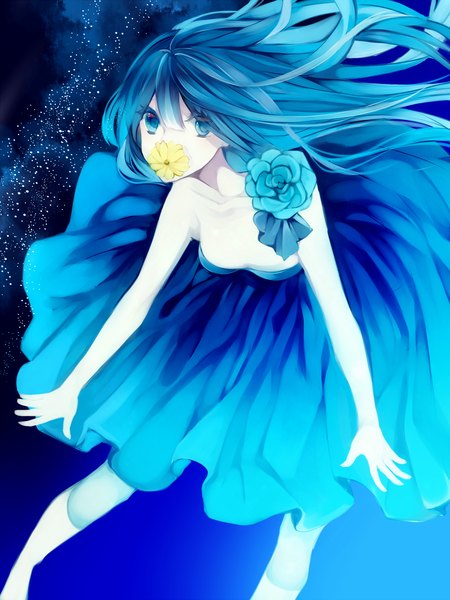 Anime picture 1500x2000 with original aoray single long hair tall image looking at viewer blush bare shoulders blue hair cleavage aqua eyes sleeveless girl dress flower (flowers) ribbon (ribbons) rose (roses) star (stars) blue rose