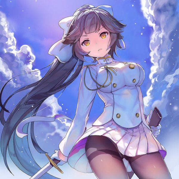 Anime picture 1100x1100 with azur lane takao (azur lane) sibyl single looking at viewer fringe breasts light erotic black hair large breasts standing holding yellow eyes cloud (clouds) outdoors ponytail blunt bangs very long hair long sleeves pleated skirt