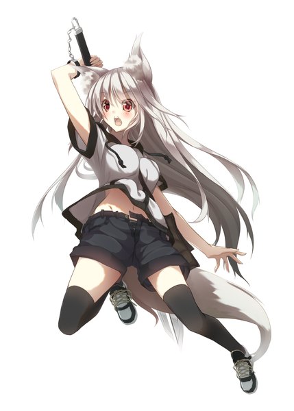 Anime picture 1296x1813 with original re:n ne single long hair tall image looking at viewer blush open mouth simple background red eyes white background silver hair girl thighhighs weapon black thighhighs sword shoes shorts