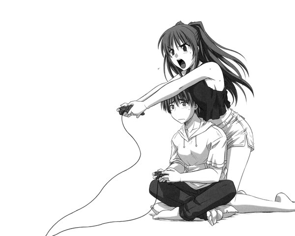 Anime picture 1600x1280 with to heart 2 leaf (studio) kousaka tamaki long hair open mouth white background sitting monochrome indian style girl boy controller gamepad console