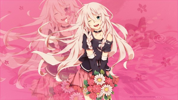 Anime picture 1600x900 with vocaloid ia (vocaloid) single long hair open mouth blonde hair wide image bare shoulders braid (braids) one eye closed wink twin braids pink background girl skirt flower (flowers) bouquet pink skirt