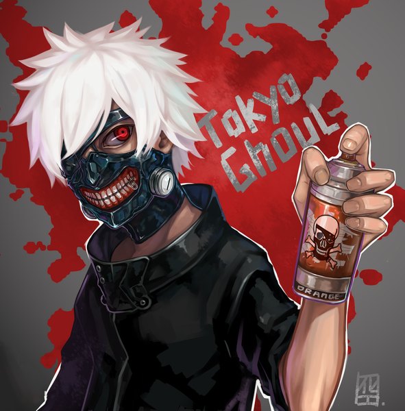 Anime picture 2000x2031 with tokyo ghoul studio pierrot kaneki ken hua-j single tall image highres short hair red eyes signed looking away white hair fingernails from above grey background teeth copyright name boy mask zipper