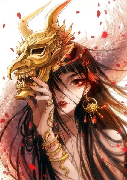 Anime picture 670x945 with original guge li single long hair tall image looking at viewer fringe open mouth black hair bare shoulders brown eyes horn (horns) fingernails hair over one eye mole teeth fang (fangs) mole under eye long fingernails mask on head