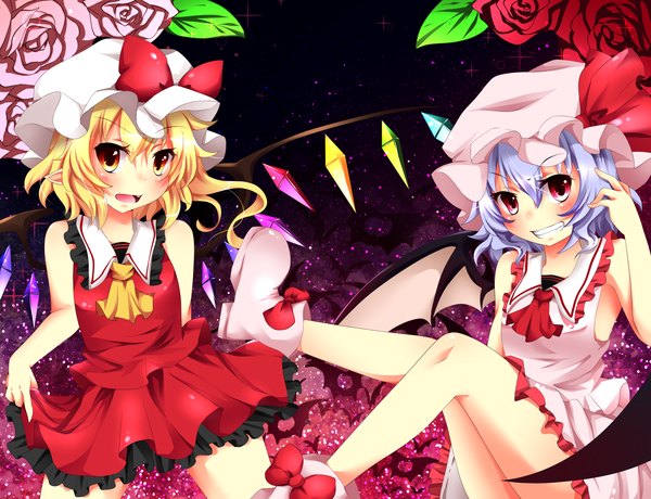 Anime picture 1500x1150 with touhou flandre scarlet remilia scarlet sisterakuma looking at viewer blush fringe short hair open mouth blonde hair smile hair between eyes red eyes multiple girls blue hair pointy ears armpit (armpits) sleeveless grin girl