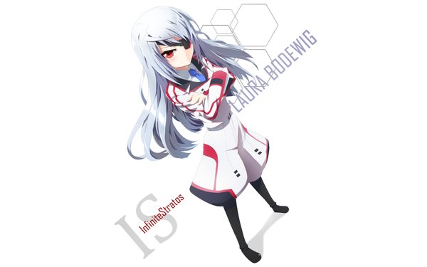Anime picture 4000x2500 with infinite stratos 8bit laura bodewig single long hair blush highres simple background red eyes wide image standing white background absurdres silver hair from above inscription looking up crossed arms girl necktie