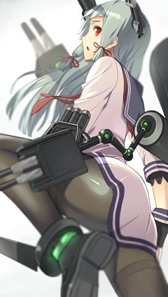 Anime picture 569x1000 with kantai collection murakumo destroyer fujita (condor) single long hair tall image looking at viewer open mouth light erotic simple background red eyes white background ass grey hair from below depth of field tress ribbon girl dress gloves