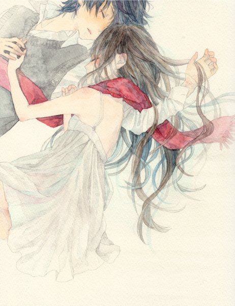 Anime picture 910x1181 with original aiu long hair tall image fringe open mouth holding lying eyes closed on back couple on side sleeping traditional media alternate age watercolor (medium) younger girl dress boy