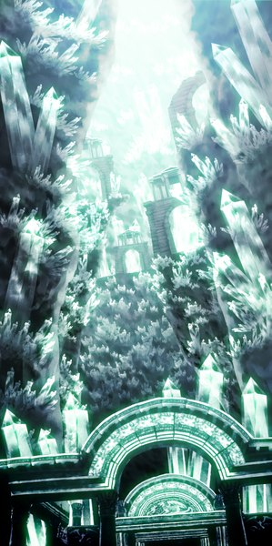 Anime picture 2062x4134 with original pixiv fantasia shijuu hachi tall image highres light reflection ruins rock green background crystal cave