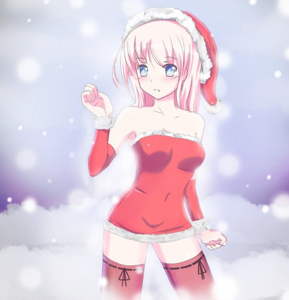 Anime picture 1200x1247 with rinine single long hair tall image looking at viewer blush blue eyes bare shoulders pink hair zettai ryouiki fur trim snowing christmas winter merry christmas girl thighhighs hat detached sleeves fur