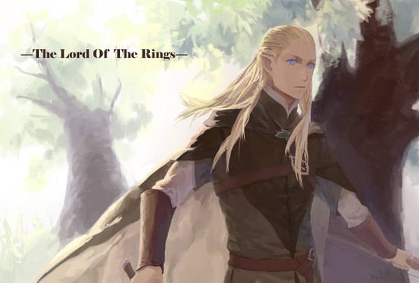 Anime picture 2622x1771 with lord of the rings the hobbit legolas e-kun single long hair highres blue eyes blonde hair pointy ears inscription elf boy weapon plant (plants) tree (trees) cape bow (weapon)
