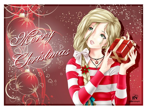 Anime picture 2000x1500 with original martina (thenightwishmaster) thenightwishmaster single long hair highres blonde hair green eyes braid (braids) lips single braid christmas looking up merry christmas girl bow hair bow choker gift