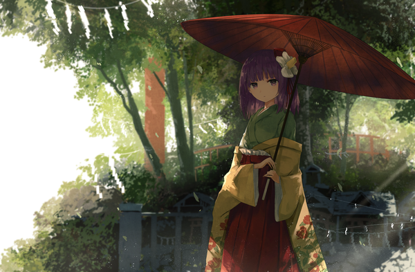 Anime picture 2550x1671 with touhou hieda no akyuu thkani single looking at viewer highres short hair standing purple eyes purple hair traditional clothes japanese clothes hair flower blurry floral print girl flower (flowers) plant (plants) tree (trees) kimono