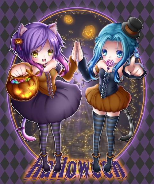 Anime picture 1200x1432 with original shitou long hair tall image blush open mouth blue eyes multiple girls animal ears yellow eyes blue hair purple hair cat ears cat girl cat tail loli halloween pointing girl thighhighs