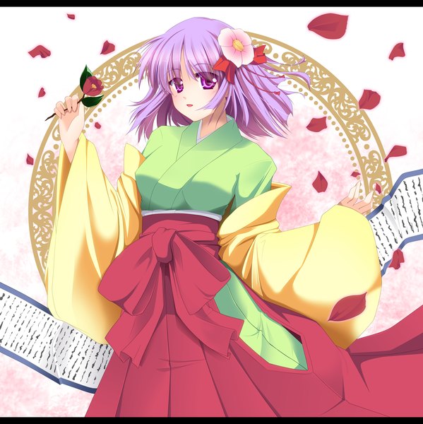 Anime picture 1595x1600 with touhou hieda no akyuu fule single short hair purple eyes purple hair hair flower girl hair ornament flower (flowers) petals