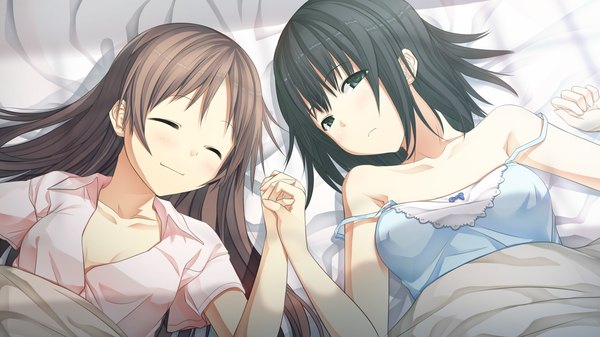 Anime picture 2560x1440 with monobeno sawai natsuha alishima alice cura long hair highres short hair blue eyes black hair brown hair wide image multiple girls game cg lying eyes closed sleeping girl 2 girls