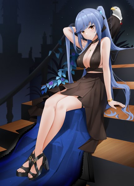 Anime picture 4444x6173 with azur lane essex (azur lane) essex (craft fairytail) (azur lane) qing wu single long hair tall image looking at viewer blush fringe highres breasts light erotic large breasts sitting brown eyes payot blue hair absurdres cleavage