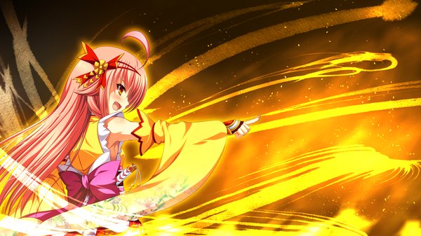 Anime picture 1280x720 with sengoku hime 5 single long hair blush red eyes wide image pink hair game cg ahoge profile pointing girl hair ornament bow detached sleeves fire