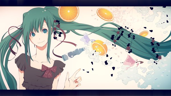 Anime picture 1600x900 with vocaloid hatsune miku shimashima single looking at viewer blue eyes wide image twintails very long hair light smile aqua hair girl dress ribbon (ribbons) hair ribbon fruit bottle orange (fruit) ramune